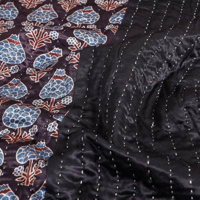 Black - Reversible Ajrakh Patch & Tagai Work Mashru Silk Single Bed Cover / Quilt (90 x 59 in)
