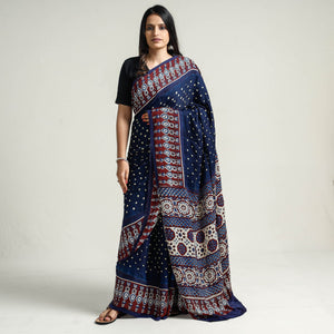 Blue - Bandhani Block Printed Ajrakh Modal Silk Saree