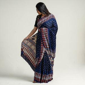 Blue - Bandhani Block Printed Ajrakh Modal Silk Saree