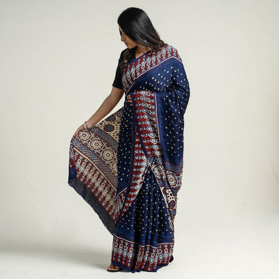 Blue - Bandhani Block Printed Ajrakh Modal Silk Saree