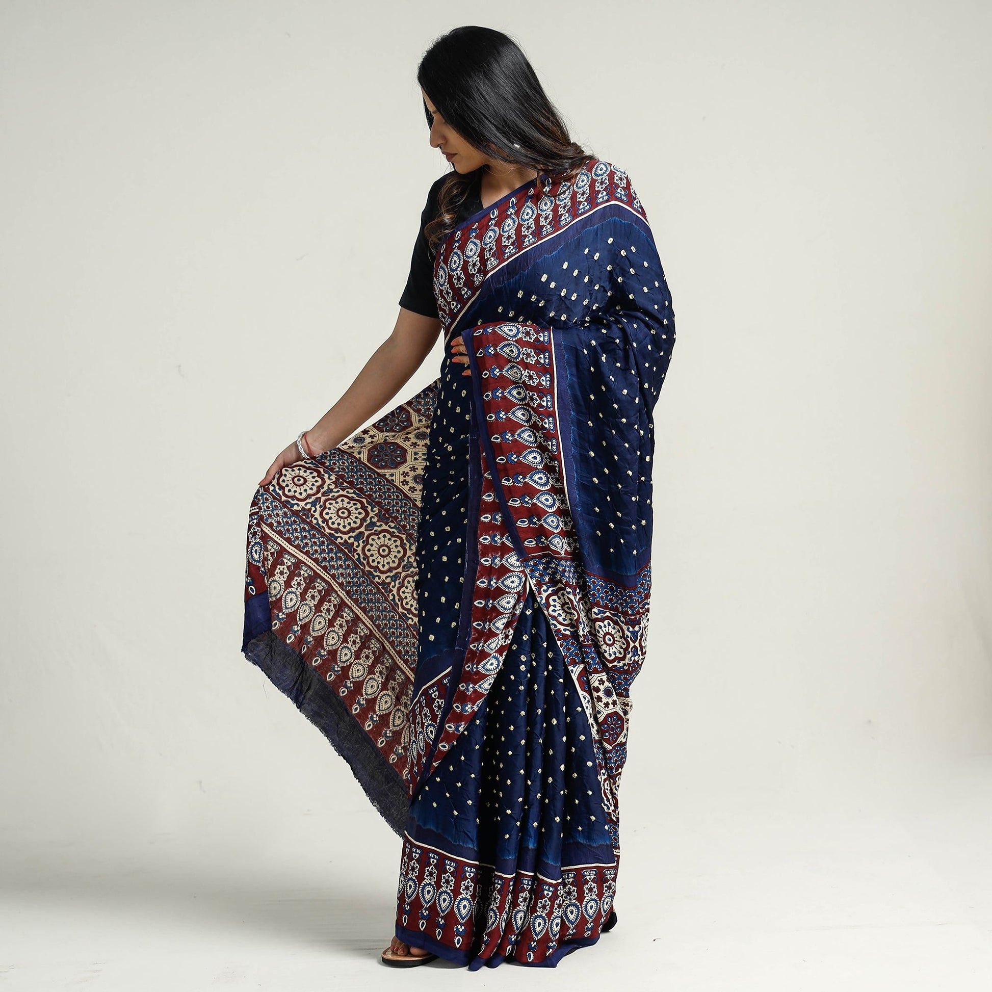 Blue - Bandhani Block Printed Ajrakh Modal Silk Saree