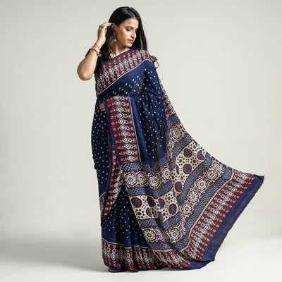 Blue - Bandhani Block Printed Ajrakh Modal Silk Saree