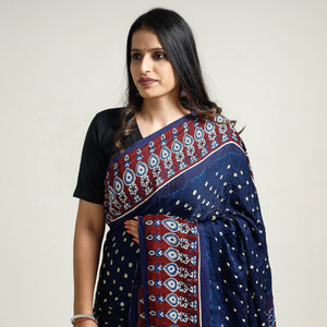 Blue - Bandhani Block Printed Ajrakh Modal Silk Saree