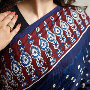 Blue - Bandhani Block Printed Ajrakh Modal Silk Saree