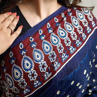 Blue - Bandhani Block Printed Ajrakh Modal Silk Saree