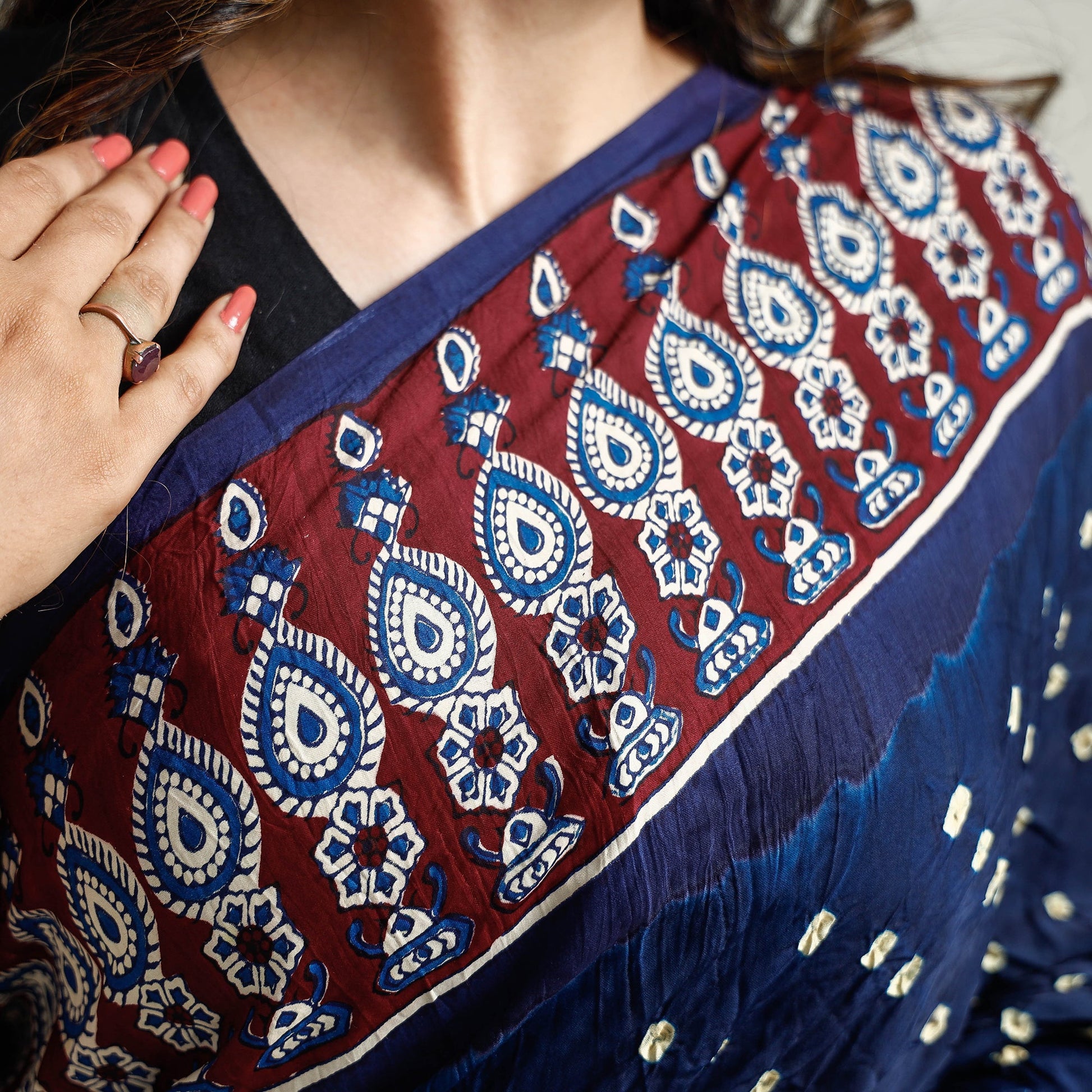 Blue - Bandhani Block Printed Ajrakh Modal Silk Saree