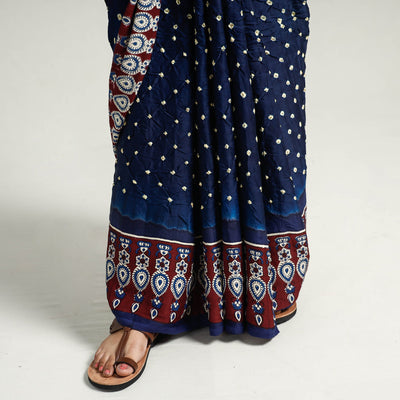 Blue - Bandhani Block Printed Ajrakh Modal Silk Saree