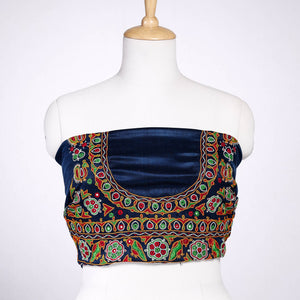 Blue - Ahir Hand Embroidery Kutch Mirror Work Mashru Silk Blouse Piece
