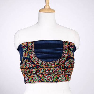 Blue - Ahir Hand Embroidery Kutch Mirror Work Mashru Silk Blouse Piece