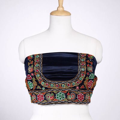 Blue - Ahir Hand Embroidery Kutch Mirror Work Mashru Silk Blouse Piece