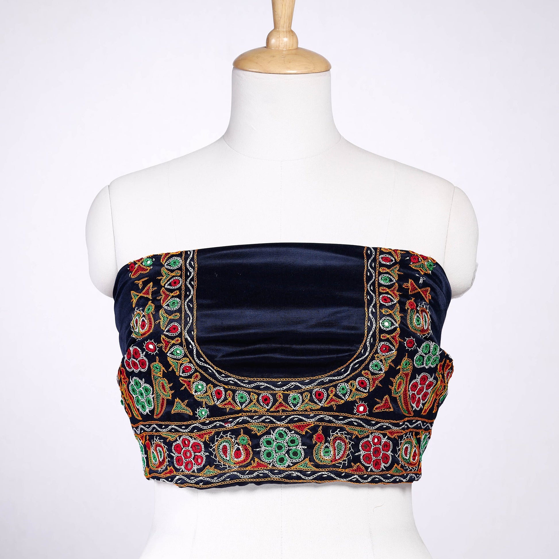 Blue - Ahir Hand Embroidery Kutch Mirror Work Mashru Silk Blouse Piece