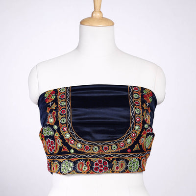 Blue - Ahir Hand Embroidery Kutch Mirror Work Mashru Silk Blouse Piece