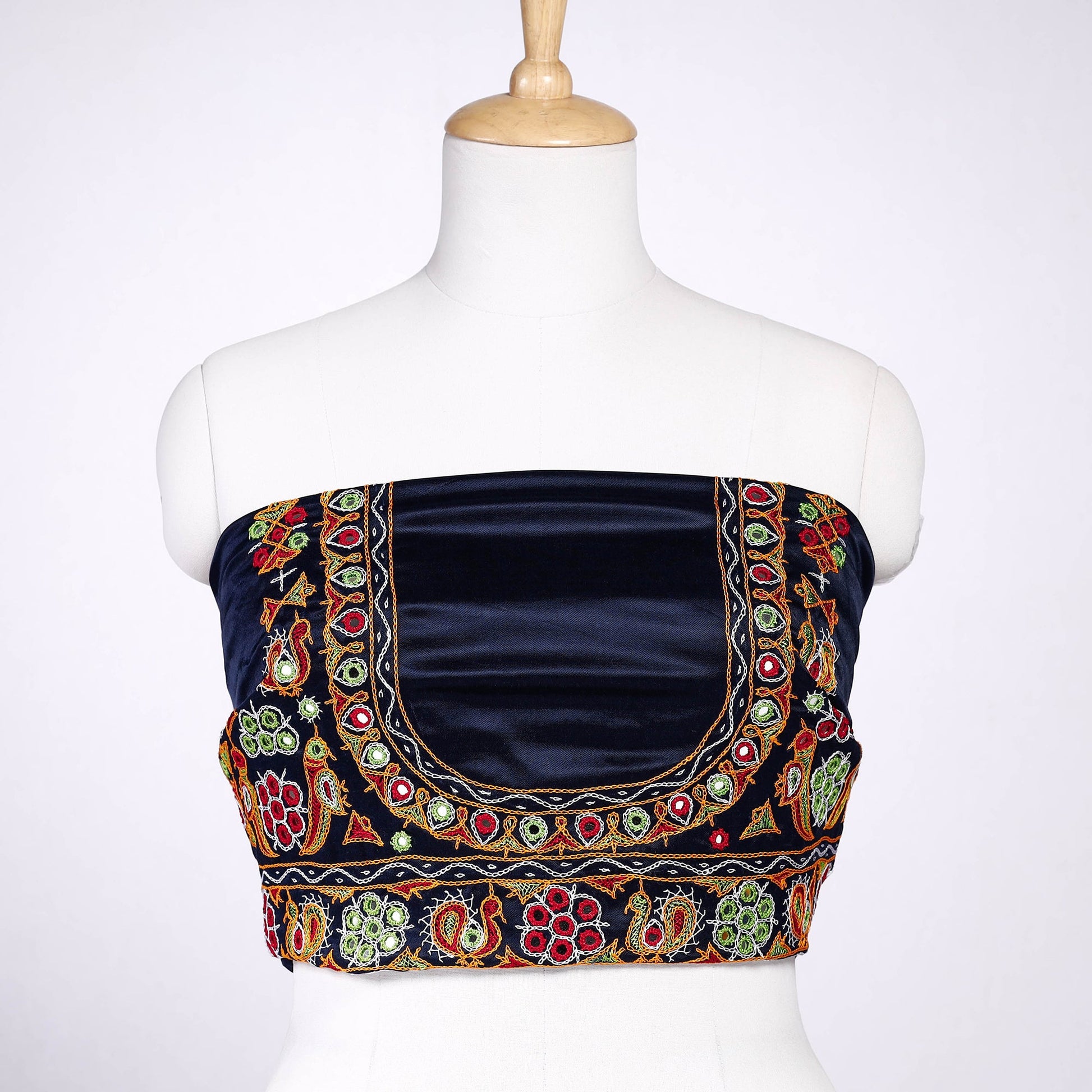 Blue - Ahir Hand Embroidery Kutch Mirror Work Mashru Silk Blouse Piece
