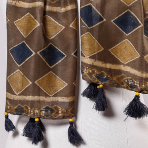Brown - Ajrakh Block Printed Chanderi Silk Stole with Tassels