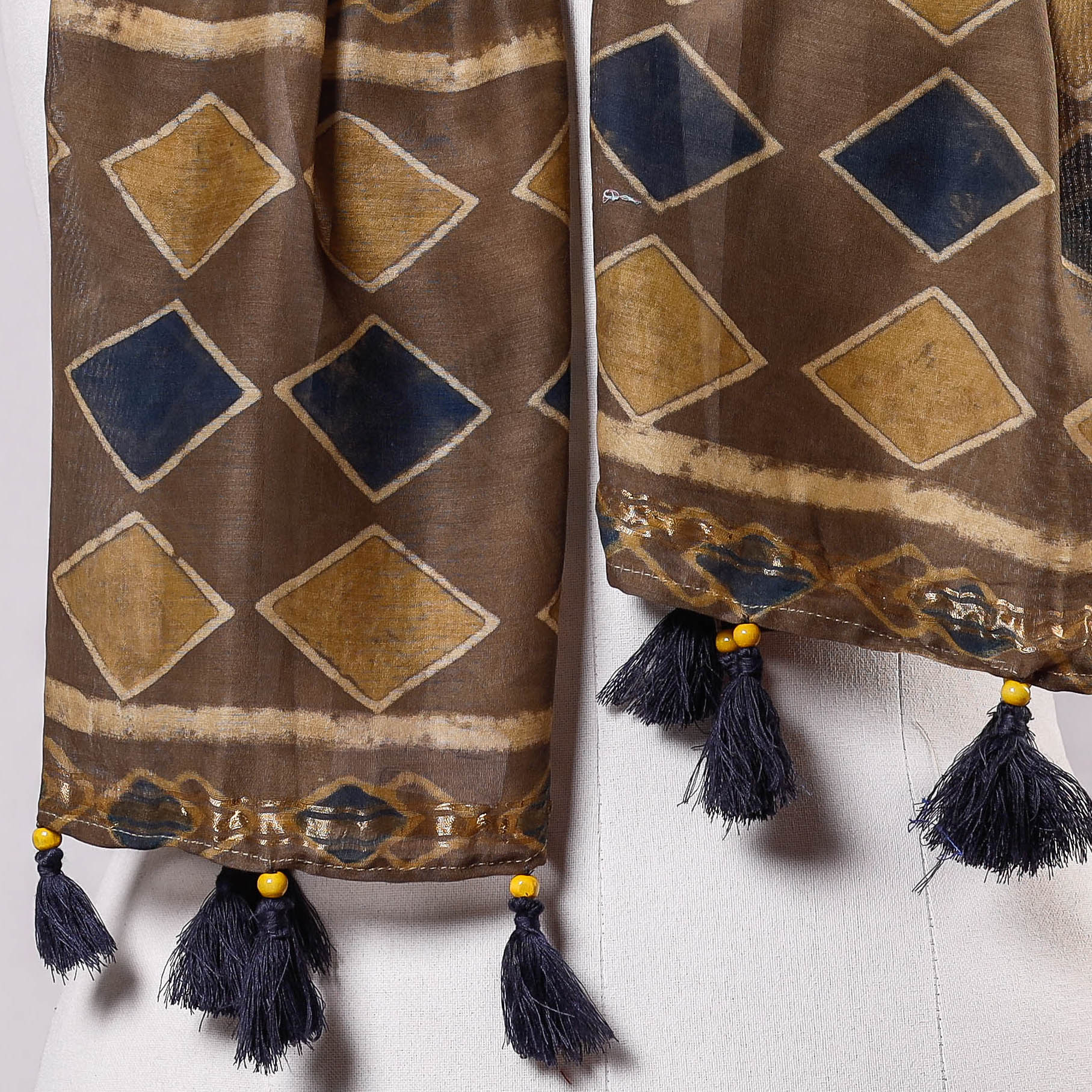 Brown - Ajrakh Block Printed Chanderi Silk Stole with Tassels