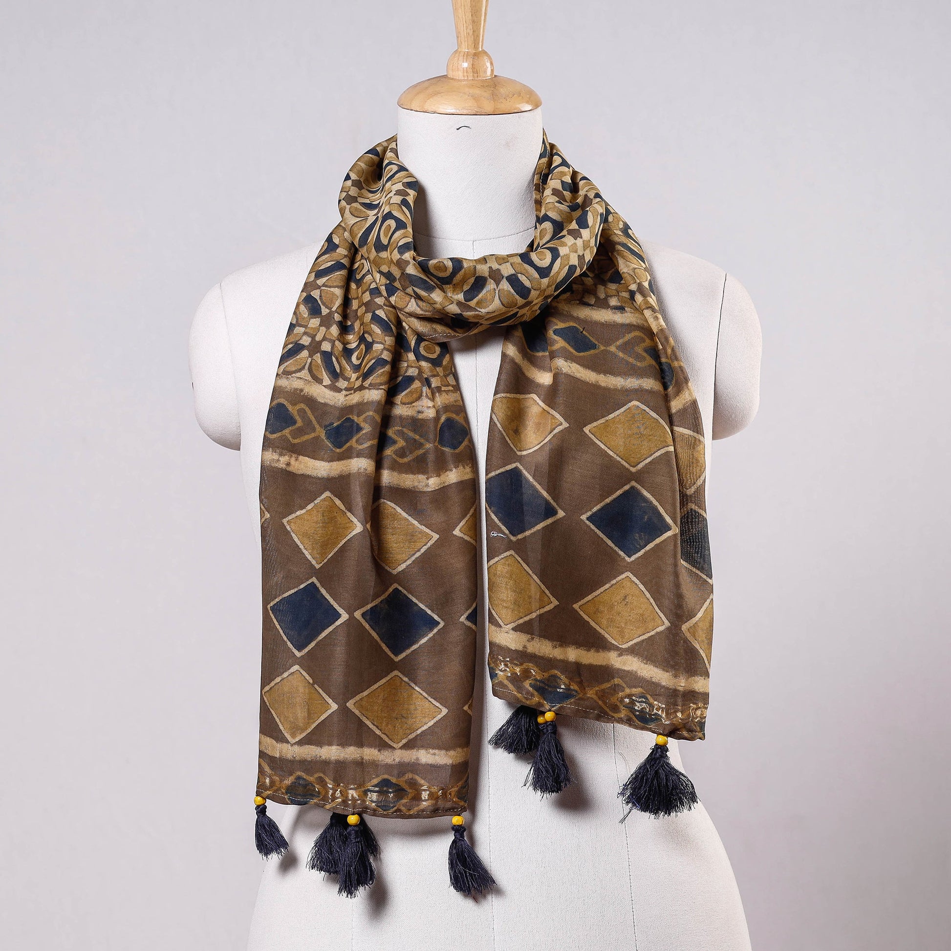 Brown - Ajrakh Block Printed Chanderi Silk Stole with Tassels