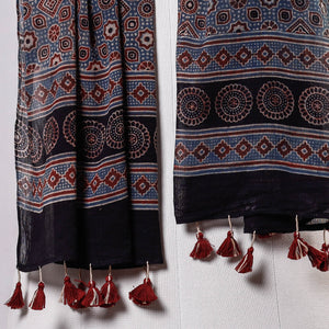 Blue - Ajrakh Block Printed Mul Cotton Stole With Tassels