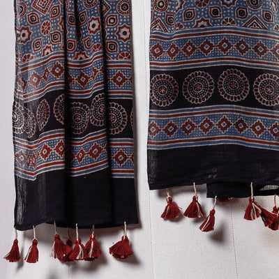 Blue - Ajrakh Block Printed Mul Cotton Stole With Tassels