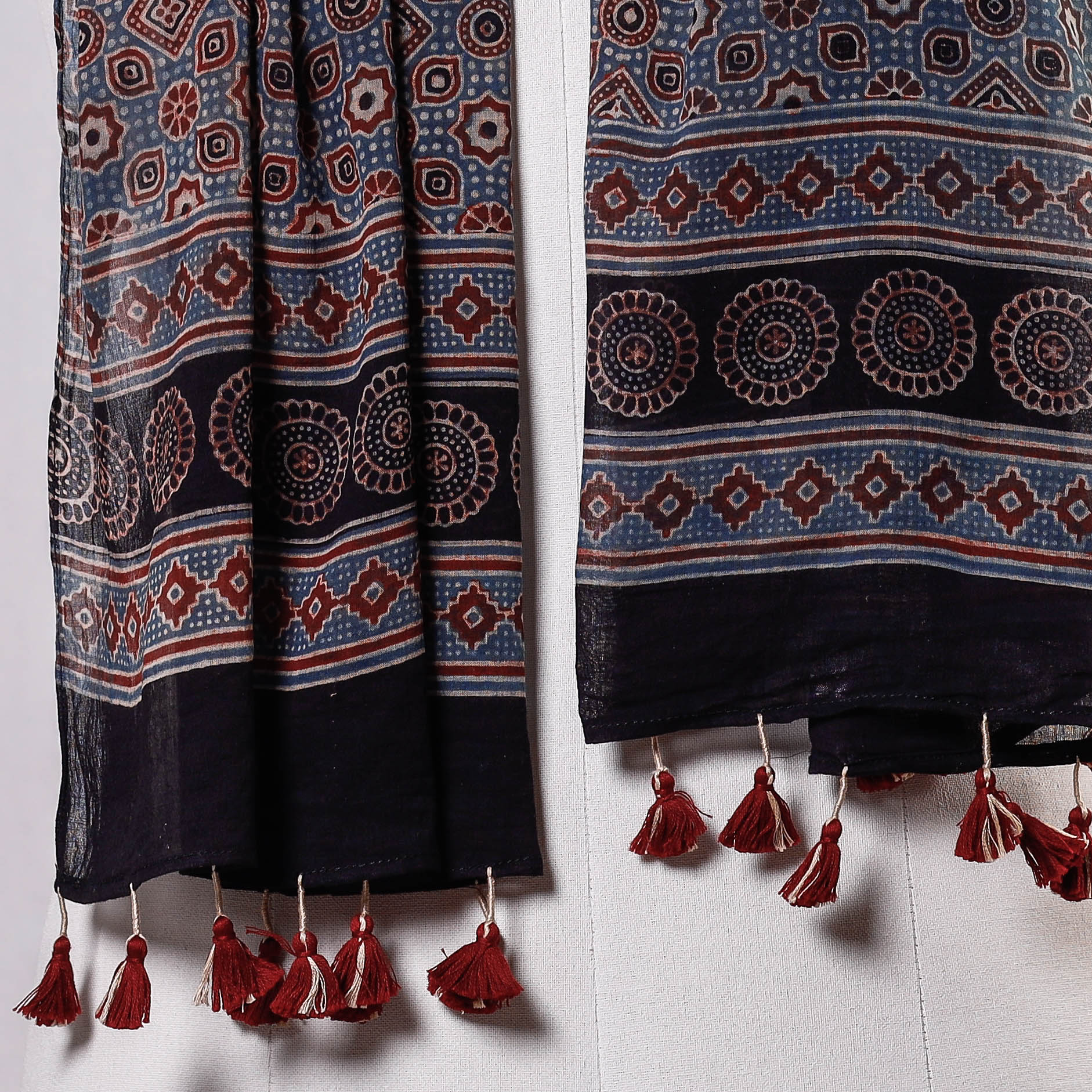 Blue - Ajrakh Block Printed Mul Cotton Stole With Tassels