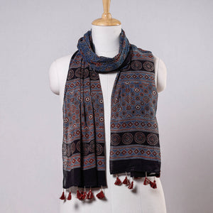 Blue - Ajrakh Block Printed Mul Cotton Stole With Tassels