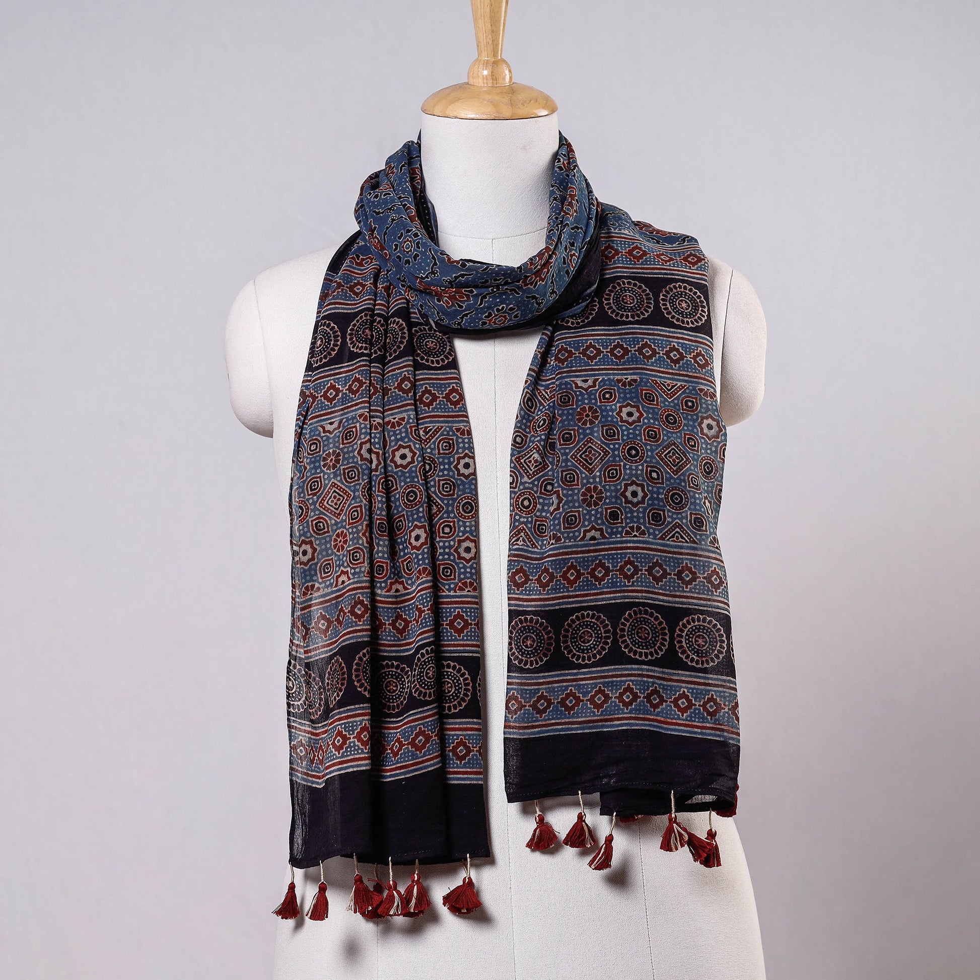 Blue - Ajrakh Block Printed Mul Cotton Stole With Tassels