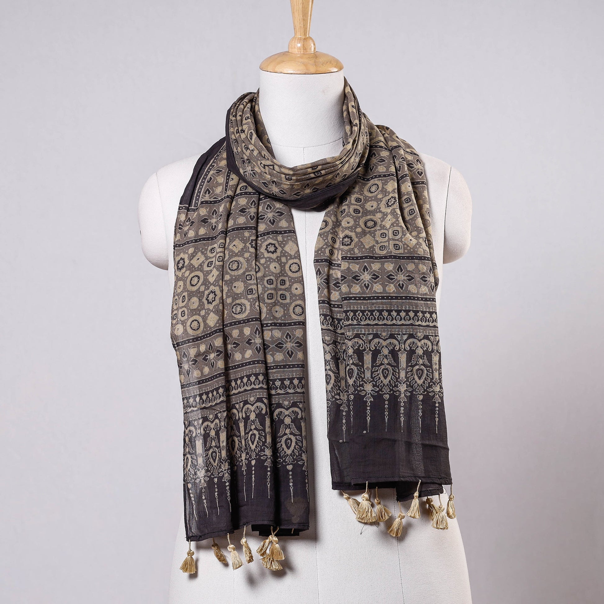 Brown - Ajrakh Block Printed Mul Cotton Stole With Tassels