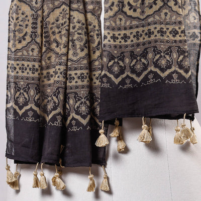 Brown - Ajrakh Block Printed Mul Cotton Stole With Tassels