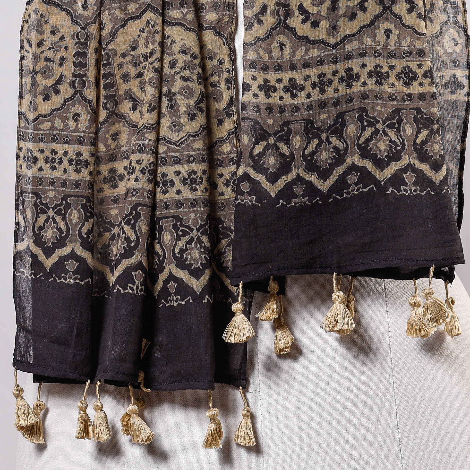 Brown - Ajrakh Block Printed Mul Cotton Stole With Tassels