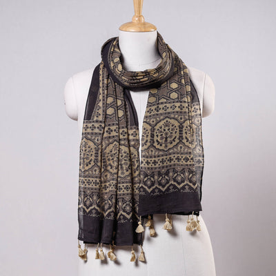 Brown - Ajrakh Block Printed Mul Cotton Stole With Tassels