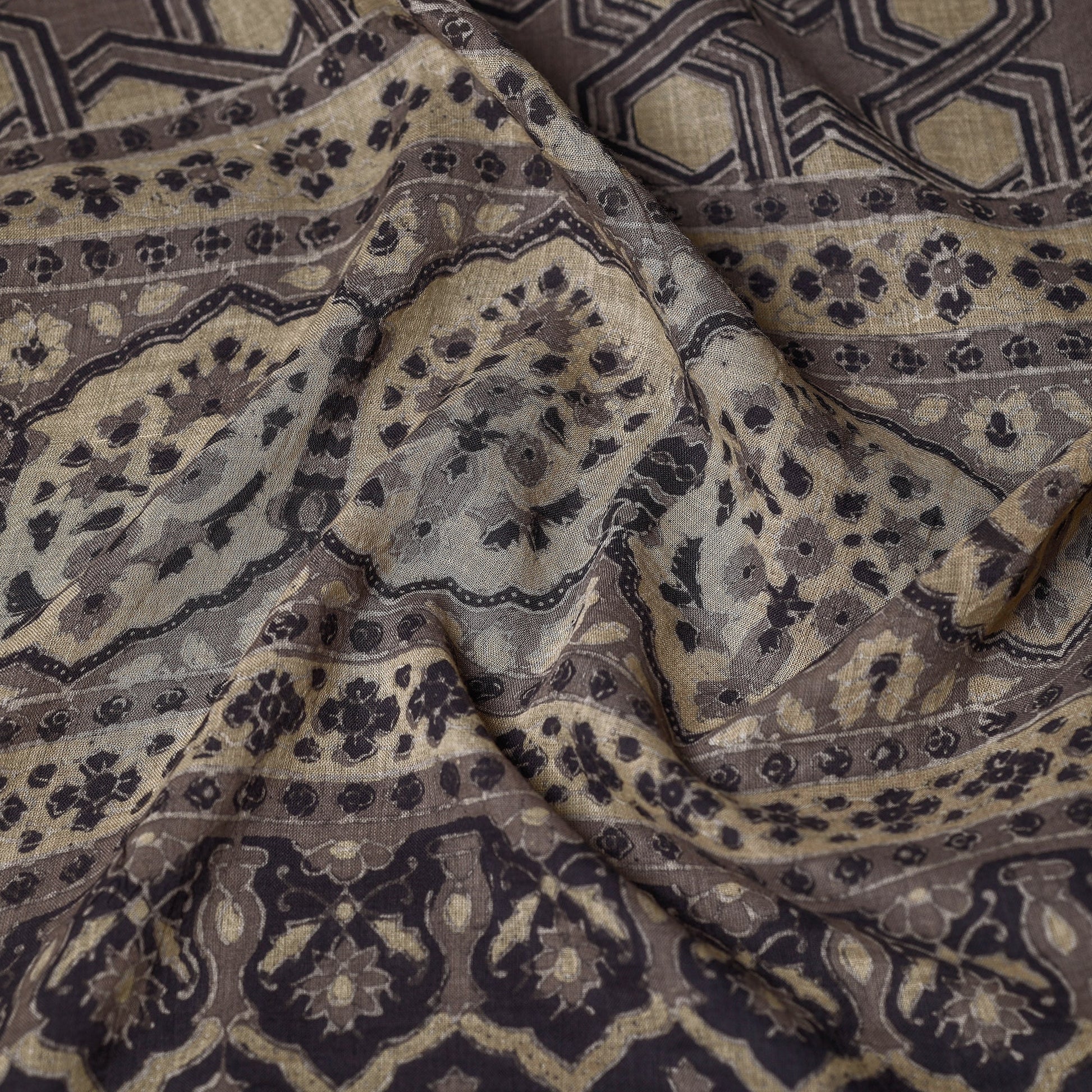 Brown - Ajrakh Block Printed Mul Cotton Stole With Tassels