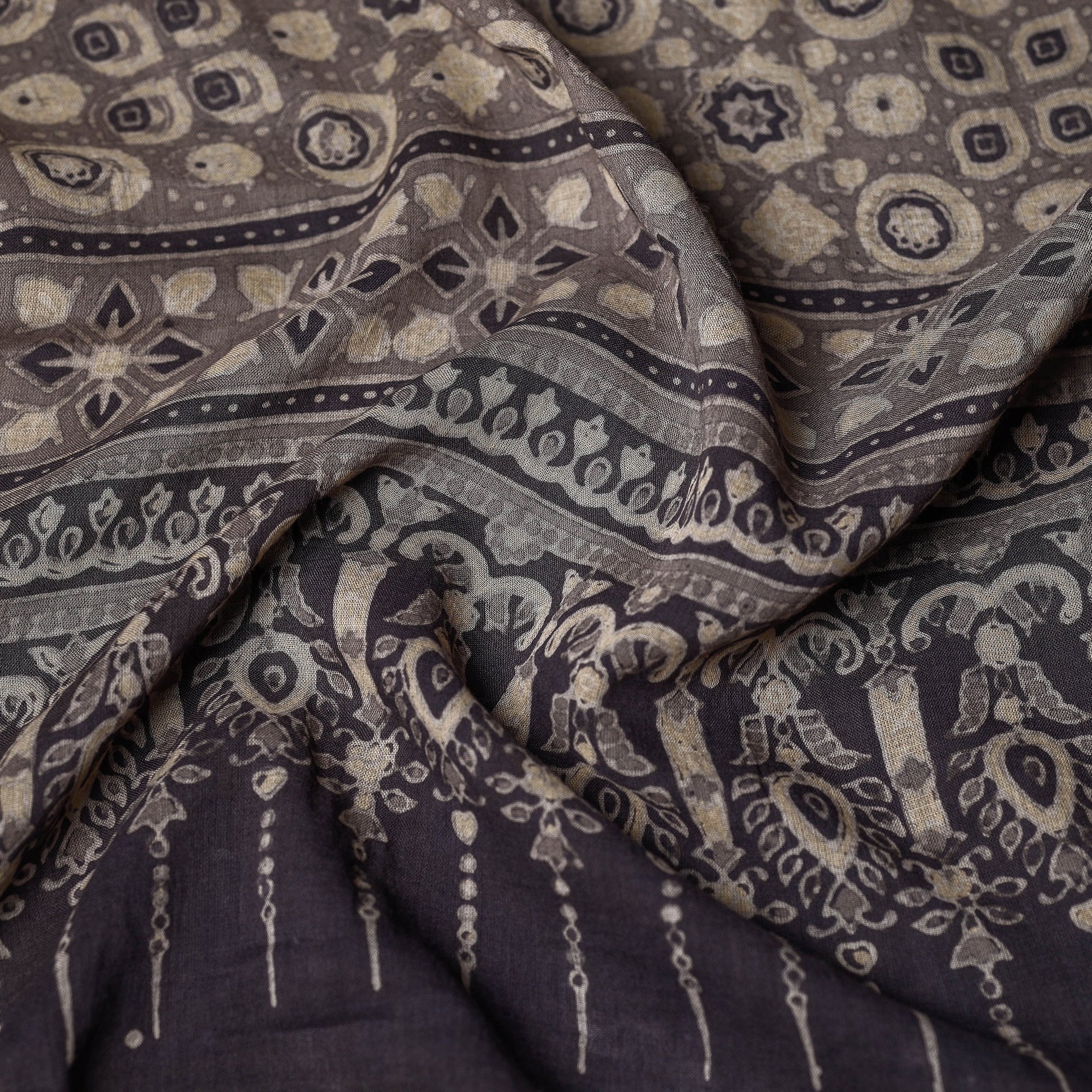 Brown - Ajrakh Block Printed Mul Cotton Stole With Tassels