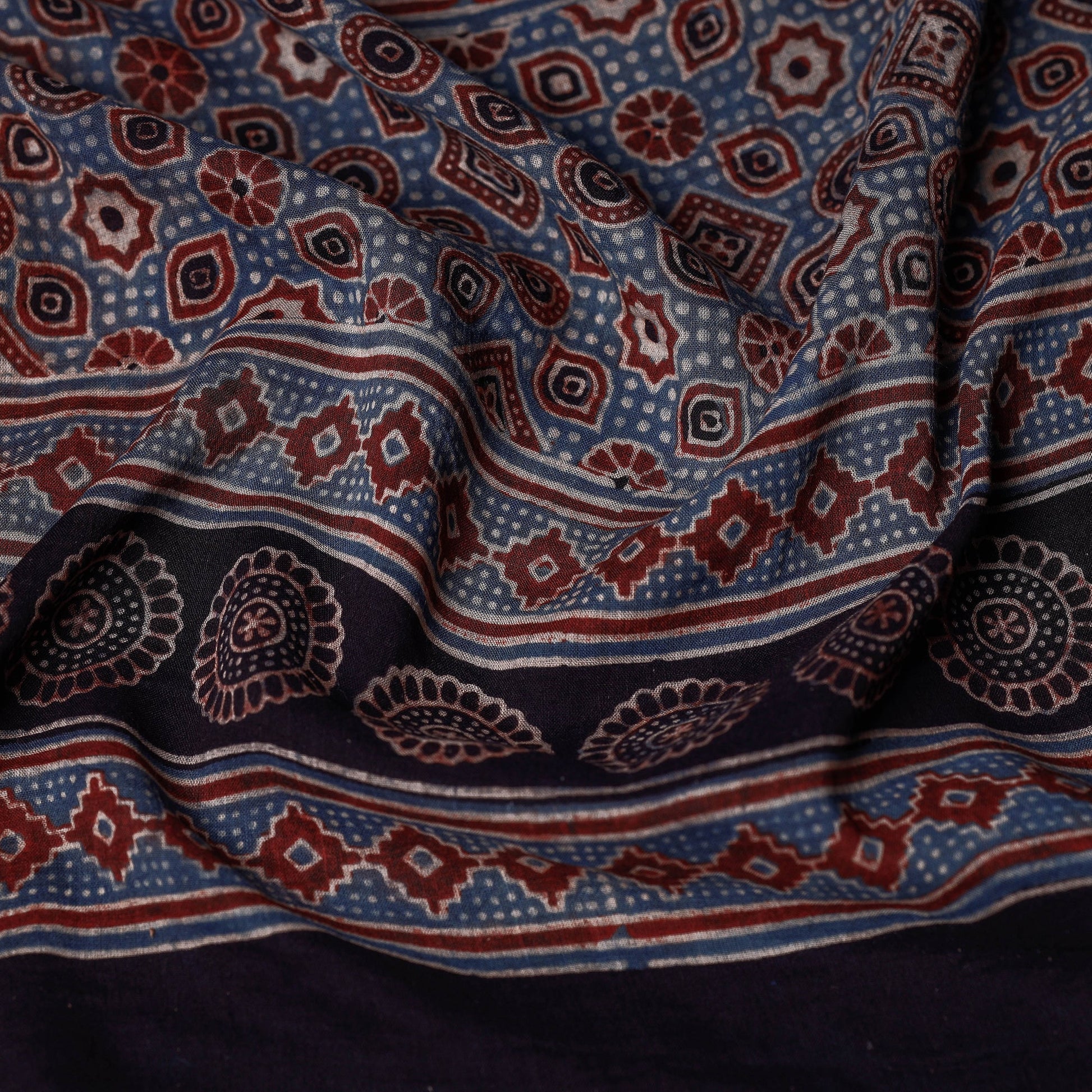 Blue - Ajrakh Block Printed Mul Cotton Stole With Tassels