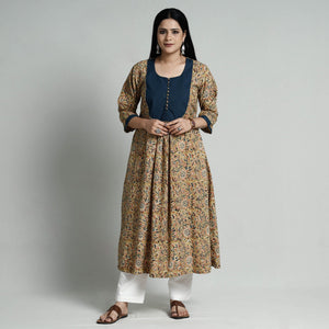 Beige - Kalamkari Hand Block Printed Cotton Long A-Line Kurta