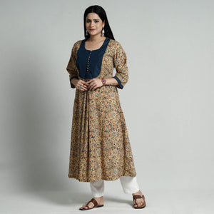 Beige - Kalamkari Hand Block Printed Cotton Long A-Line Kurta