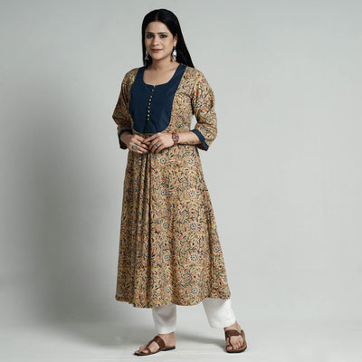 Beige - Kalamkari Hand Block Printed Cotton Long A-Line Kurta