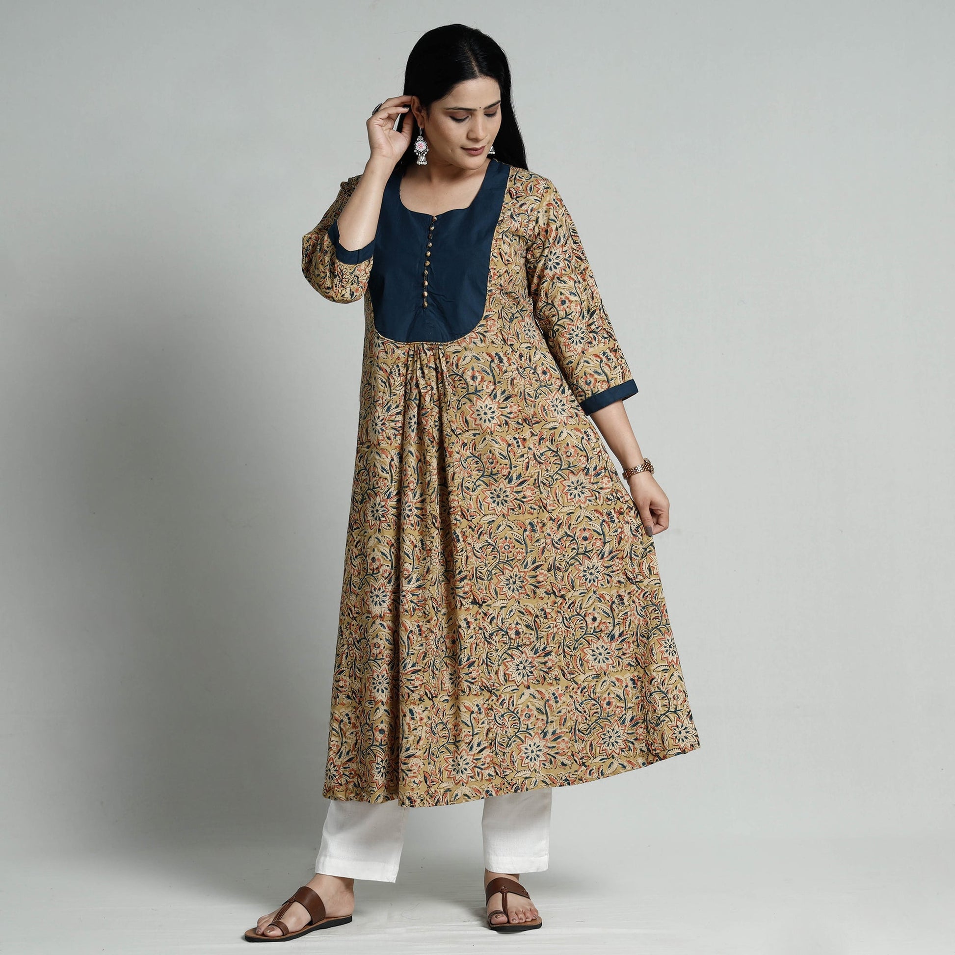 Beige - Kalamkari Hand Block Printed Cotton Long A-Line Kurta