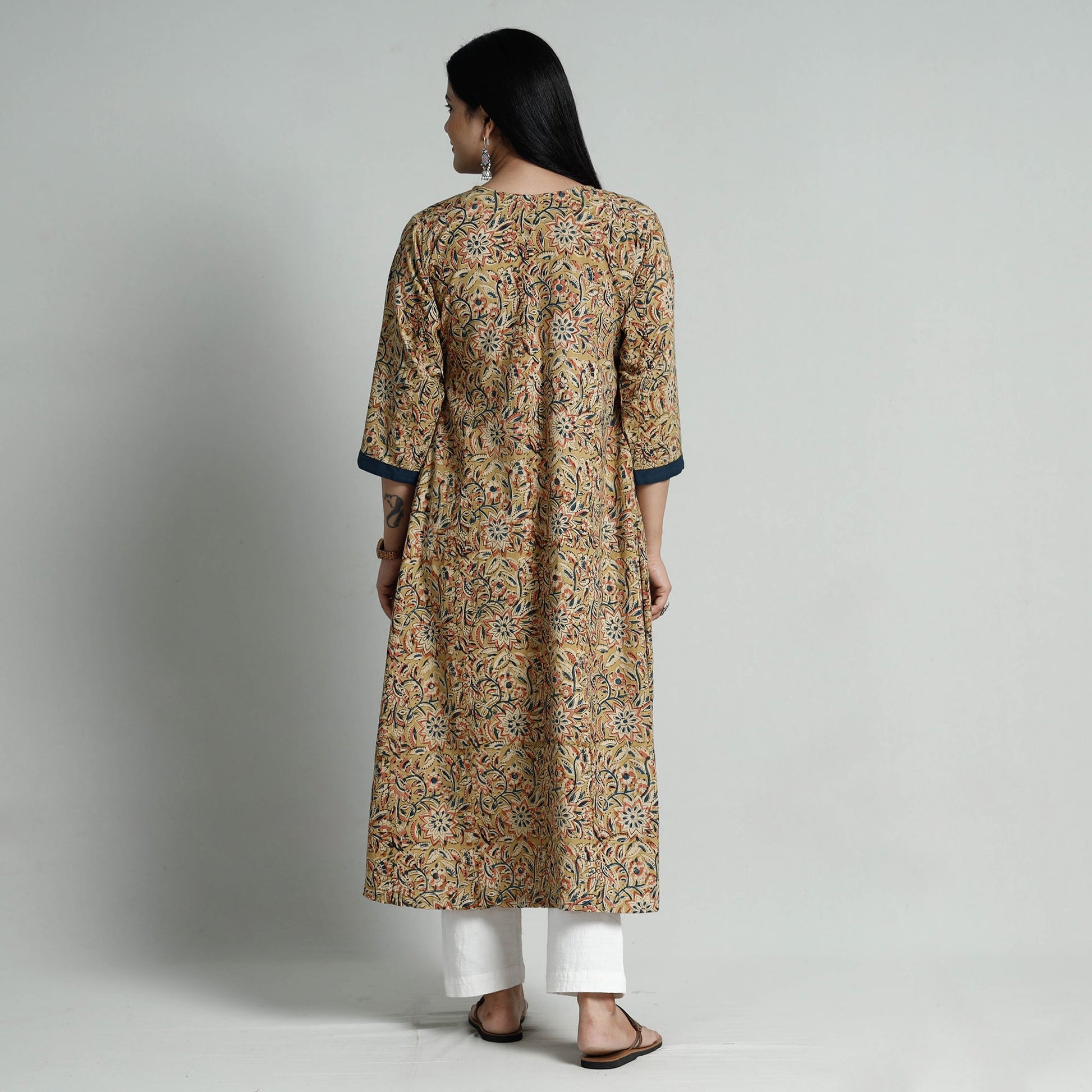 Beige - Kalamkari Hand Block Printed Cotton Long A-Line Kurta