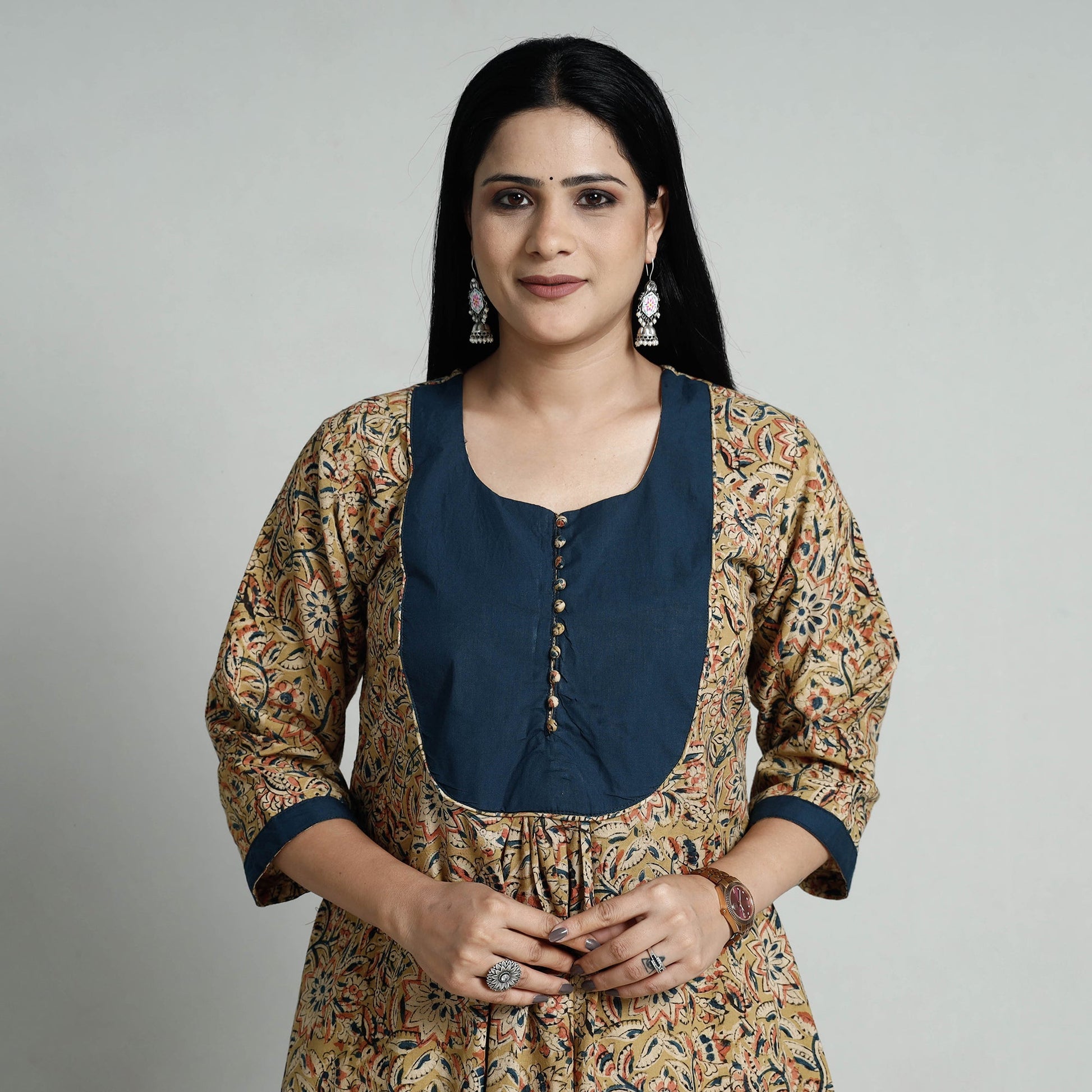 Beige - Kalamkari Hand Block Printed Cotton Long A-Line Kurta