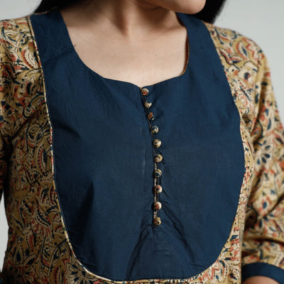 Beige - Kalamkari Hand Block Printed Cotton Long A-Line Kurta