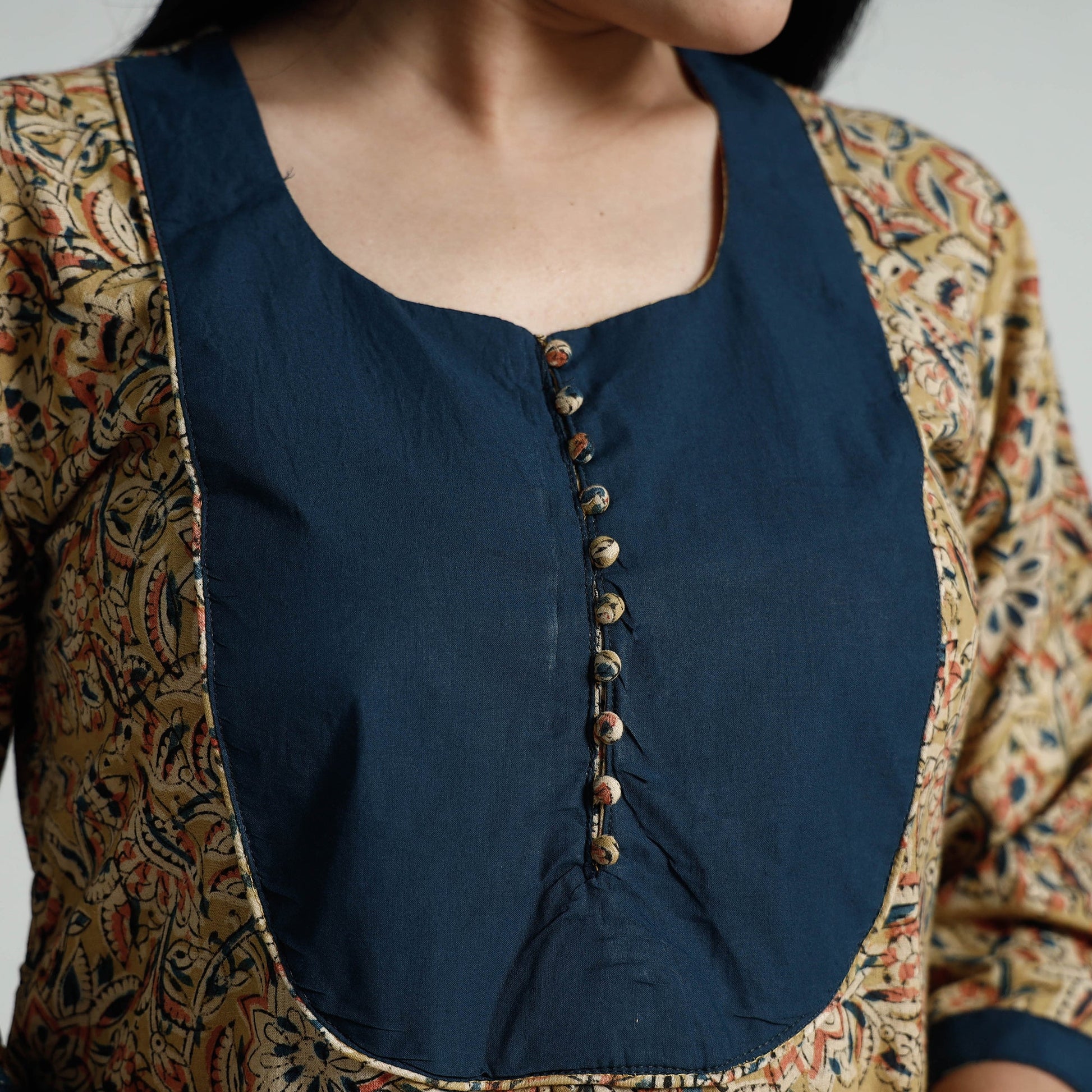 Beige - Kalamkari Hand Block Printed Cotton Long A-Line Kurta