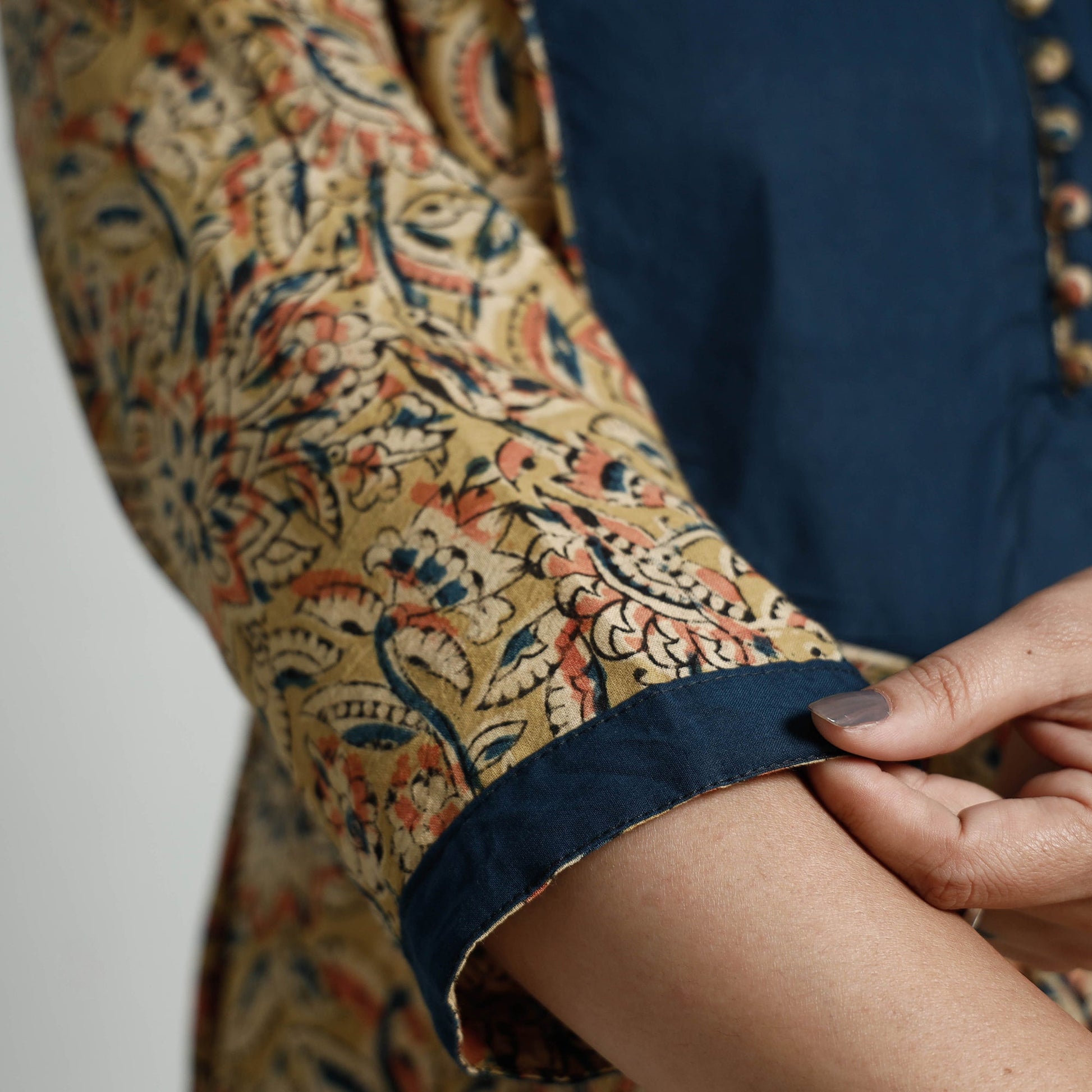 Beige - Kalamkari Hand Block Printed Cotton Long A-Line Kurta