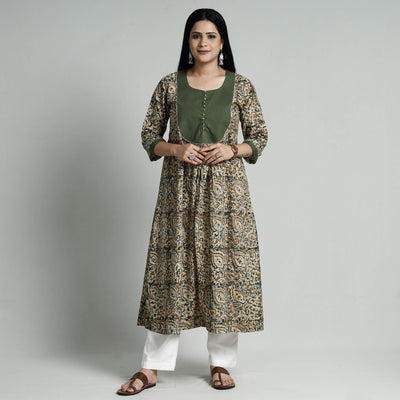 Brown - Green - Kalamkari Hand Block Printed Cotton A-Line Long Kurta