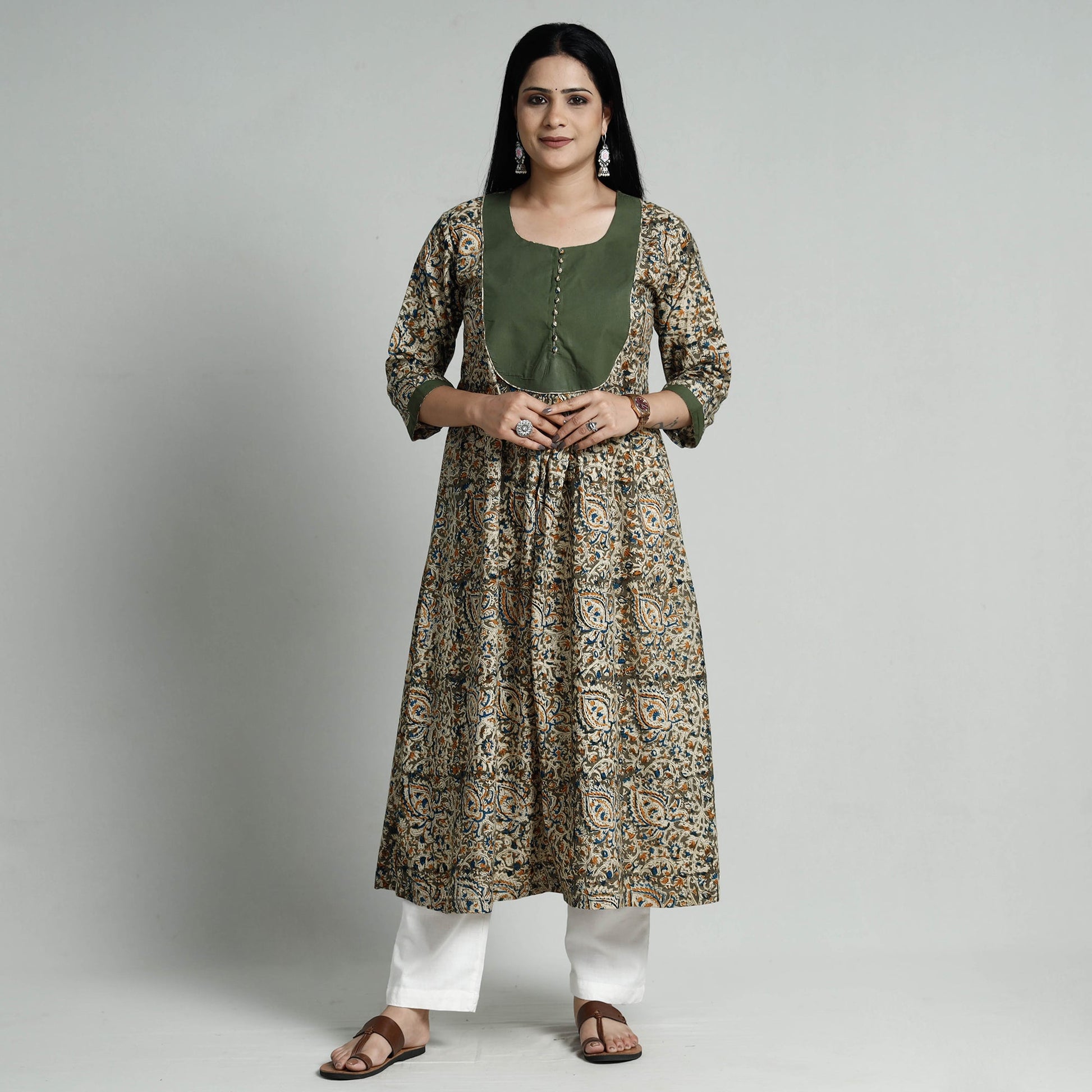 Brown - Green - Kalamkari Hand Block Printed Cotton A-Line Long Kurta