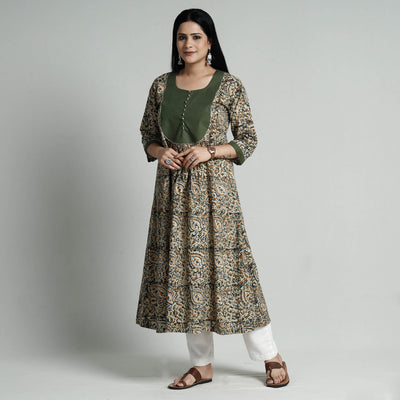 Brown - Green - Kalamkari Hand Block Printed Cotton A-Line Long Kurta