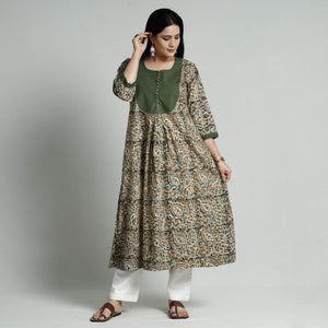 Brown - Green - Kalamkari Hand Block Printed Cotton A-Line Long Kurta
