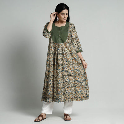 Brown - Green - Kalamkari Hand Block Printed Cotton A-Line Long Kurta