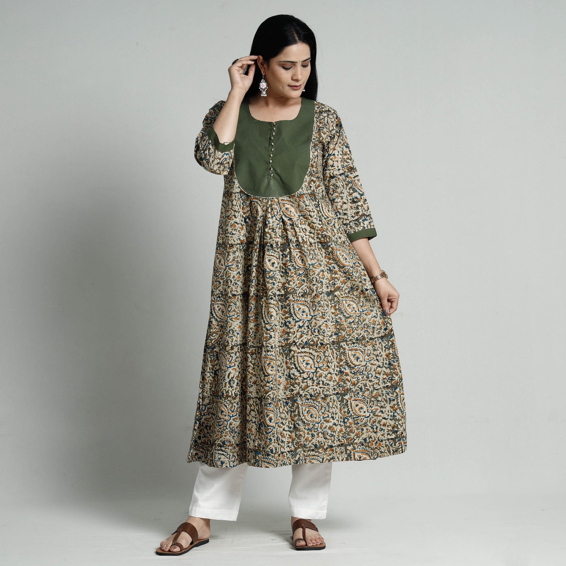 Brown - Green - Kalamkari Hand Block Printed Cotton A-Line Long Kurta