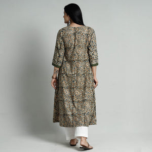 Brown - Green - Kalamkari Hand Block Printed Cotton A-Line Long Kurta