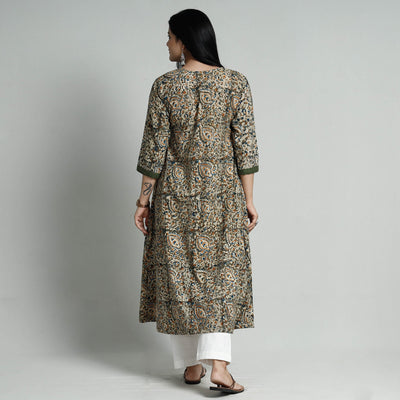 Brown - Green - Kalamkari Hand Block Printed Cotton A-Line Long Kurta