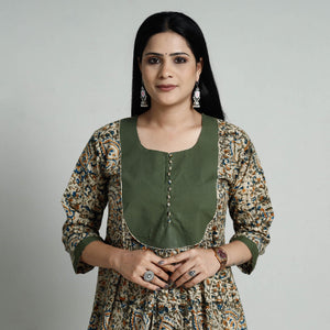 Brown - Green - Kalamkari Hand Block Printed Cotton A-Line Long Kurta